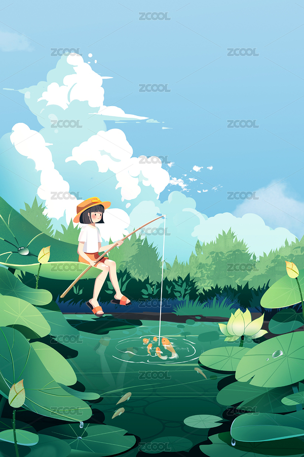 夏天女孩钓鱼画面（主预览-757456） - 未分类 - 站酷设计师小妖拳拳原创素材 - 站酷ZCOOL