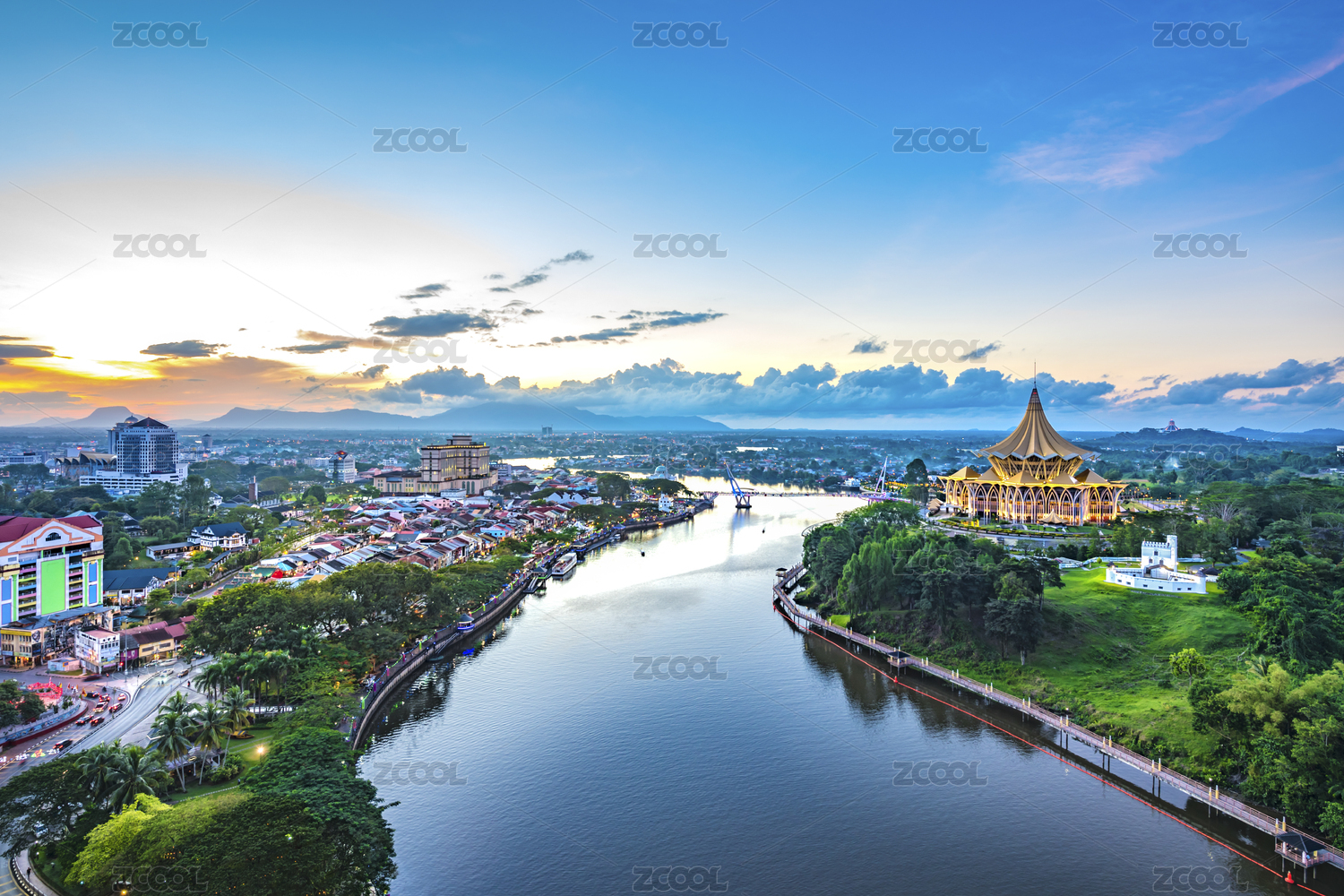 Sunset Landscape above Sarawak River with Landmark Building New Sarawak State Legislative Assembly Building, Kuching, East Malaysia, Boneo Island, Asia