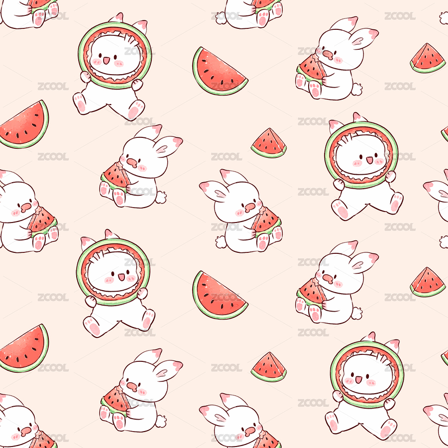 夏天吃西瓜的兔兔花型圖案1（主預(yù)覽-8787460） - 未分類 - 站酷設(shè)計師糖小栗呀原創(chuàng)素材 - 站酷ZCOOL