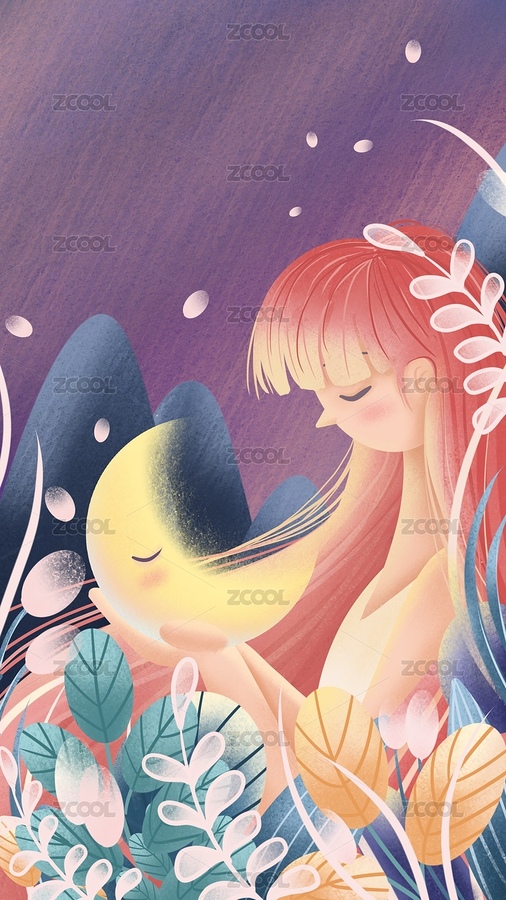 唯美長發(fā)女孩手捧著睡著的月亮晚安插畫（主預覽-1354585） - 未分類 - 站酷設計師喵嗚冬原創(chuàng)素材 - 站酷ZCOOL