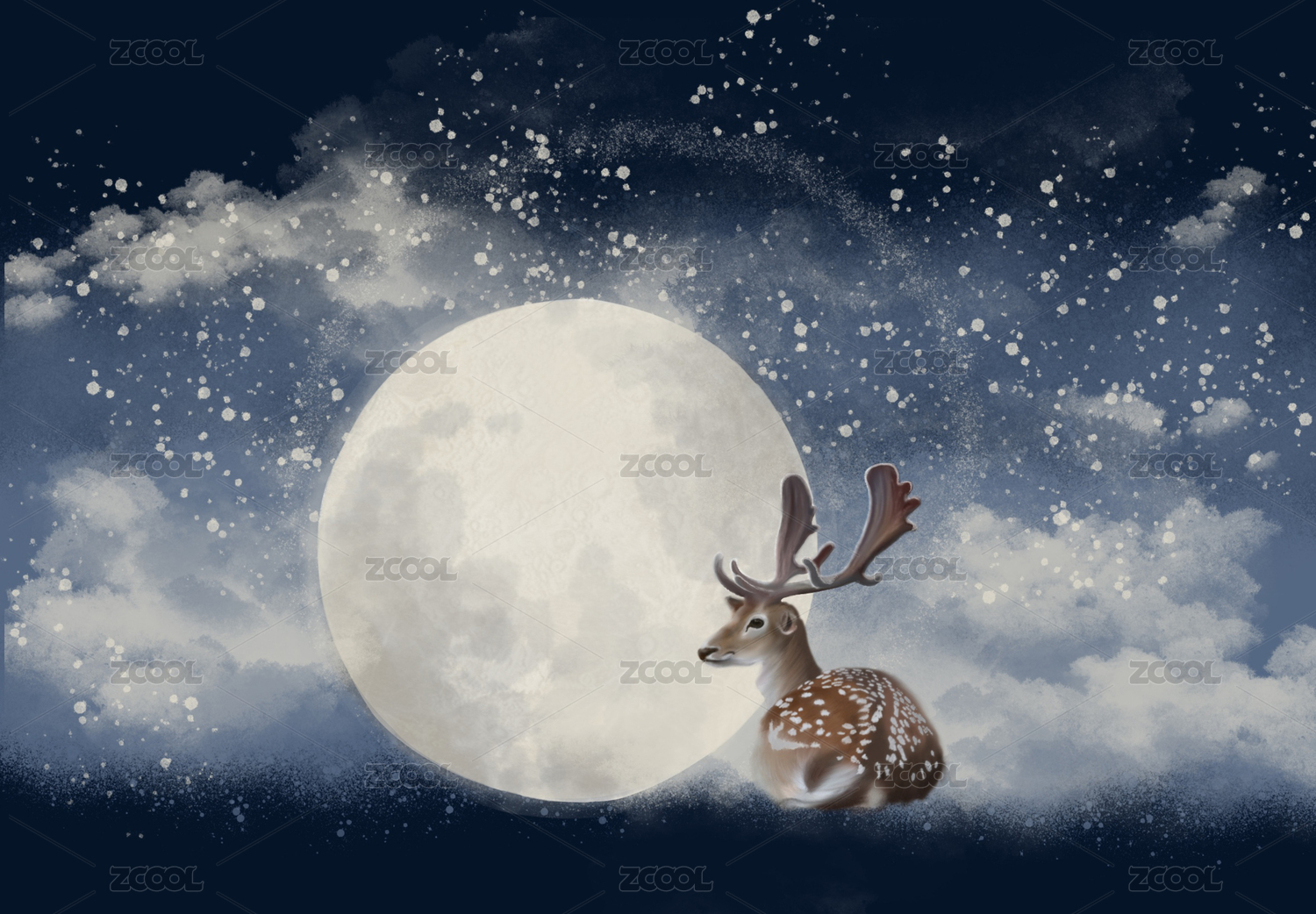 夜空下的鹿儿 意境类 商业插画