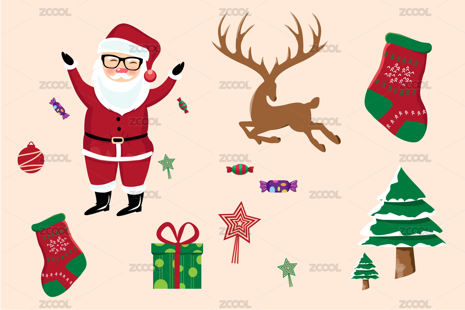 扁平圣诞树圣诞老人装饰元素Flat christmas elements, reindeer with santa pattern decoration. Merry Christmas Landscape. Vector
