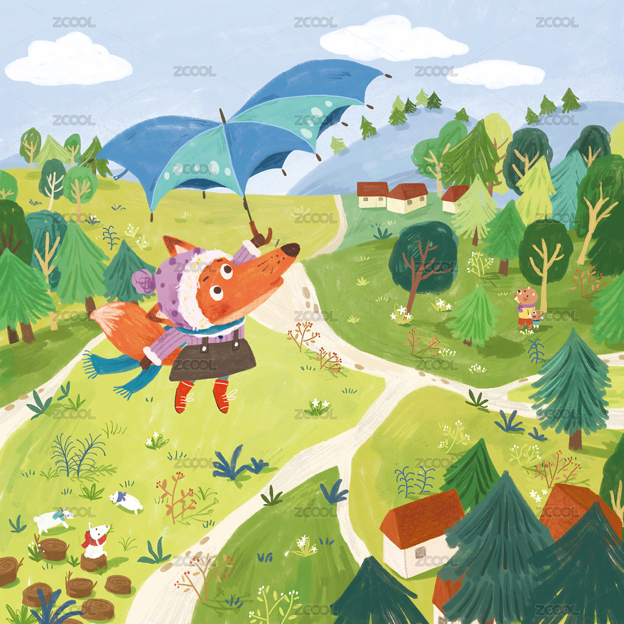 小狐貍打著雨傘飛回家兒童手繪插畫（主預(yù)覽-852178） - 未分類 - 站酷設(shè)計師斑點若原創(chuàng)素材 - 站酷ZCOOL