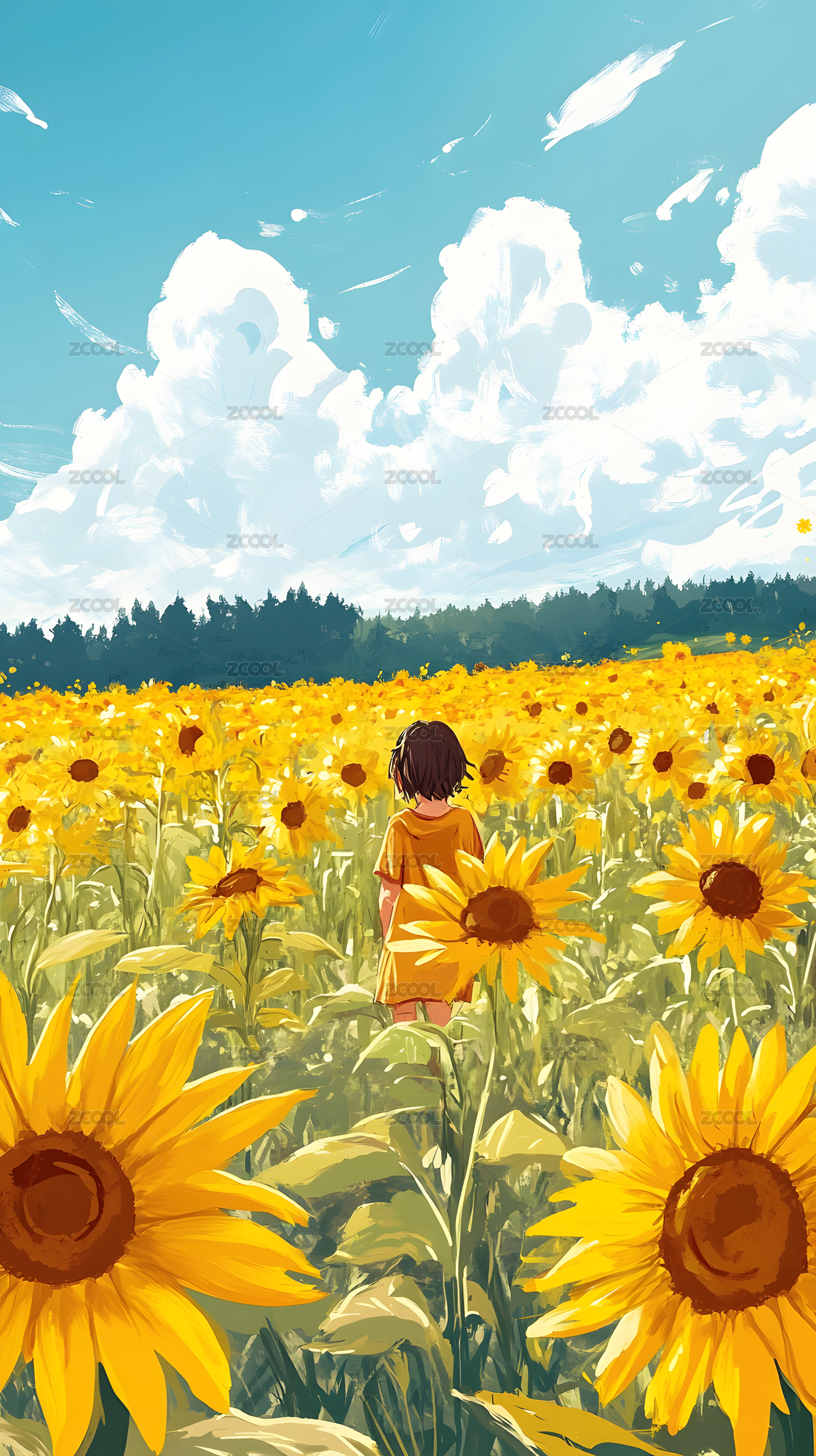 女孩在向日葵花田里漫步