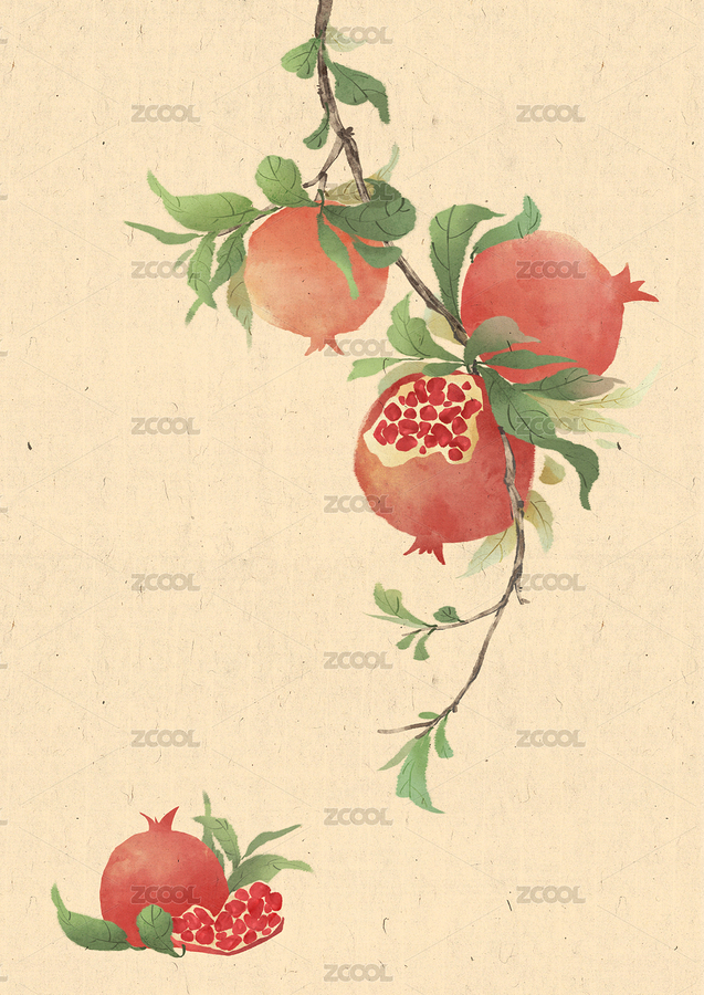 國(guó)風(fēng)秋天石榴插畫意境（主預(yù)覽-8106228） - 未分類 - 站酷設(shè)計(jì)師見手青303原創(chuàng)素材 - 站酷ZCOOL