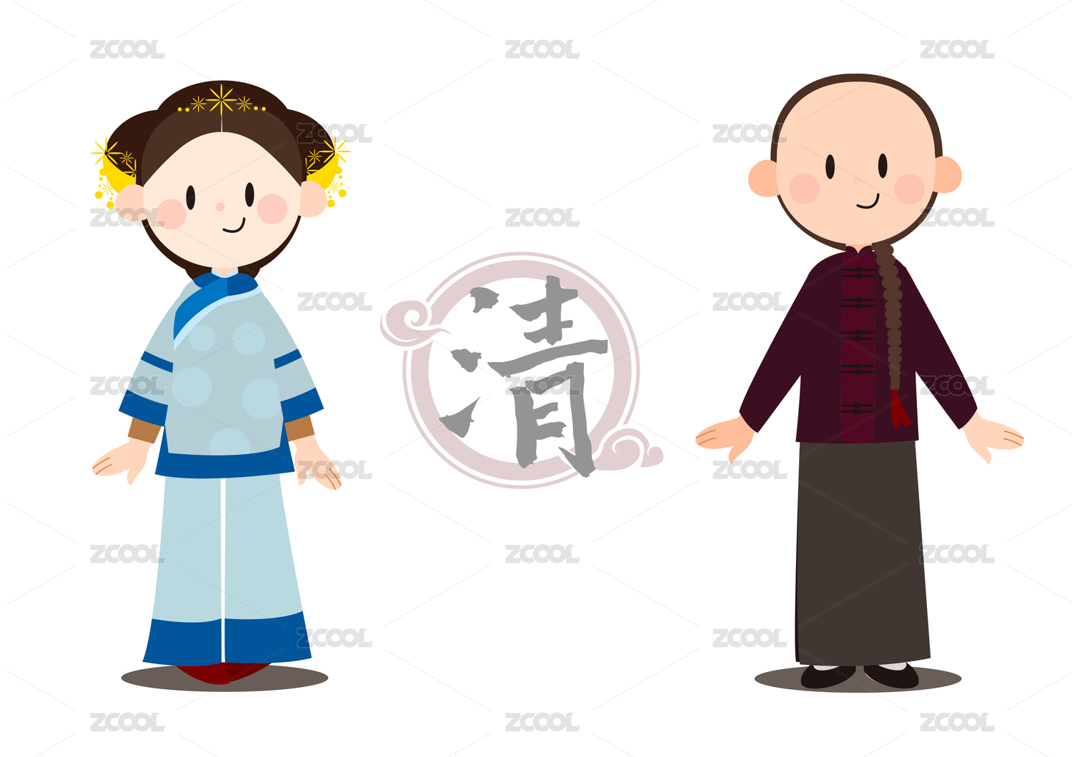 中国历代服装发饰发展图矢量图可爱卡通清代