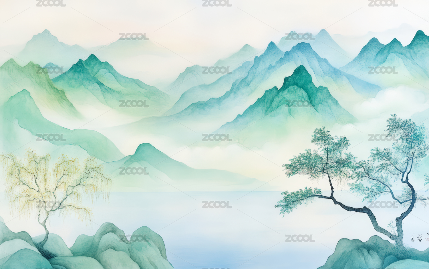 中国传统山水画风格艺术插画背景