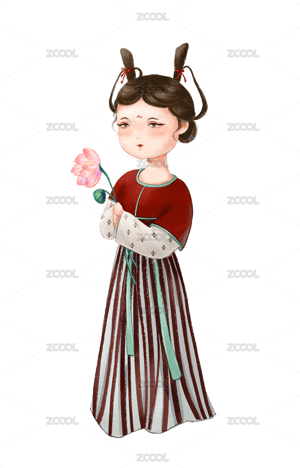 手拿荷花的唐装少女