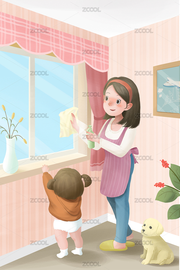 五一勞動節(jié)親子做家務擦玻璃插畫（主預覽-7926826） - 未分類 - 站酷設計師Cara丫丫原創(chuàng)素材 - 站酷ZCOOL