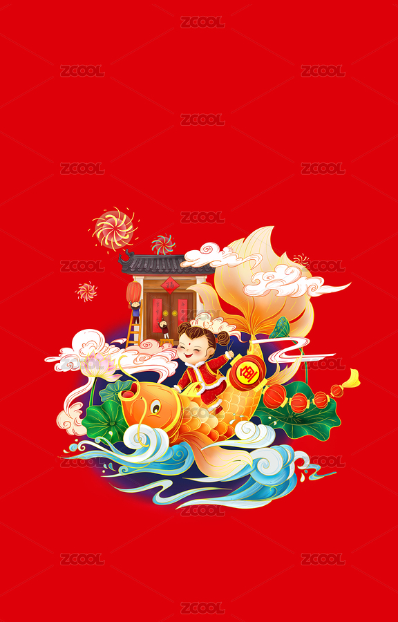 小孩騎著鯉魚年年有余歲歲平安年畫方版（主預(yù)覽-1631996） - 未分類 - 站酷設(shè)計師夏之蕓原創(chuàng)素材 - 站酷ZCOOL