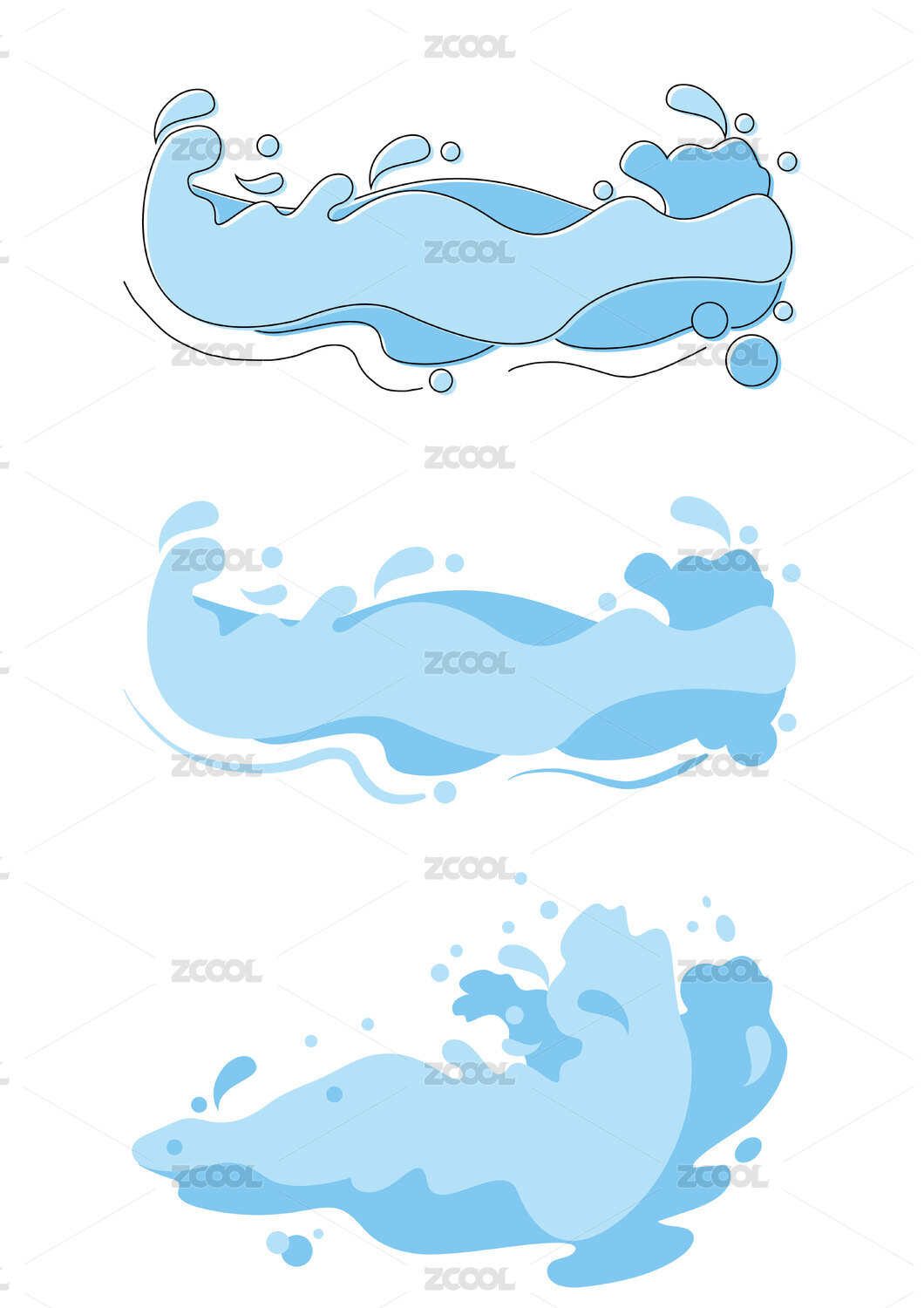 蓝色水花水浪元素卡通平面矢量插图