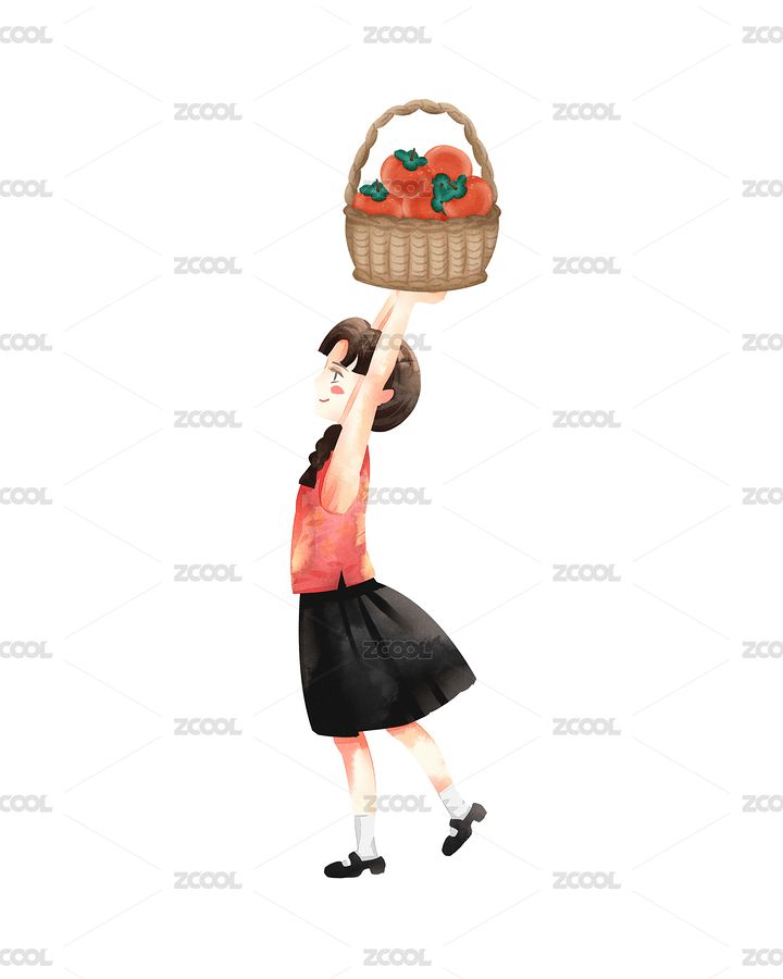 民国服装的女孩手举着装着柿子的水果篮 小清新风格二十四节气寒露插画人物元素（主预览-8475039） - 未分类 - 站酷设计师他山之石hyde原创素材 - 站酷ZCOOL