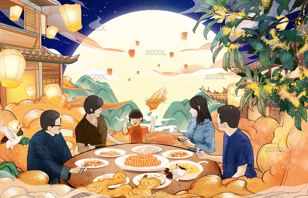 中秋節(jié)月圓人團(tuán)圓國潮風(fēng)插畫（主預(yù)覽-7574489） - 未分類 - 站酷設(shè)計(jì)師茯苓首丘原創(chuàng)素材 - 站酷ZCOOL