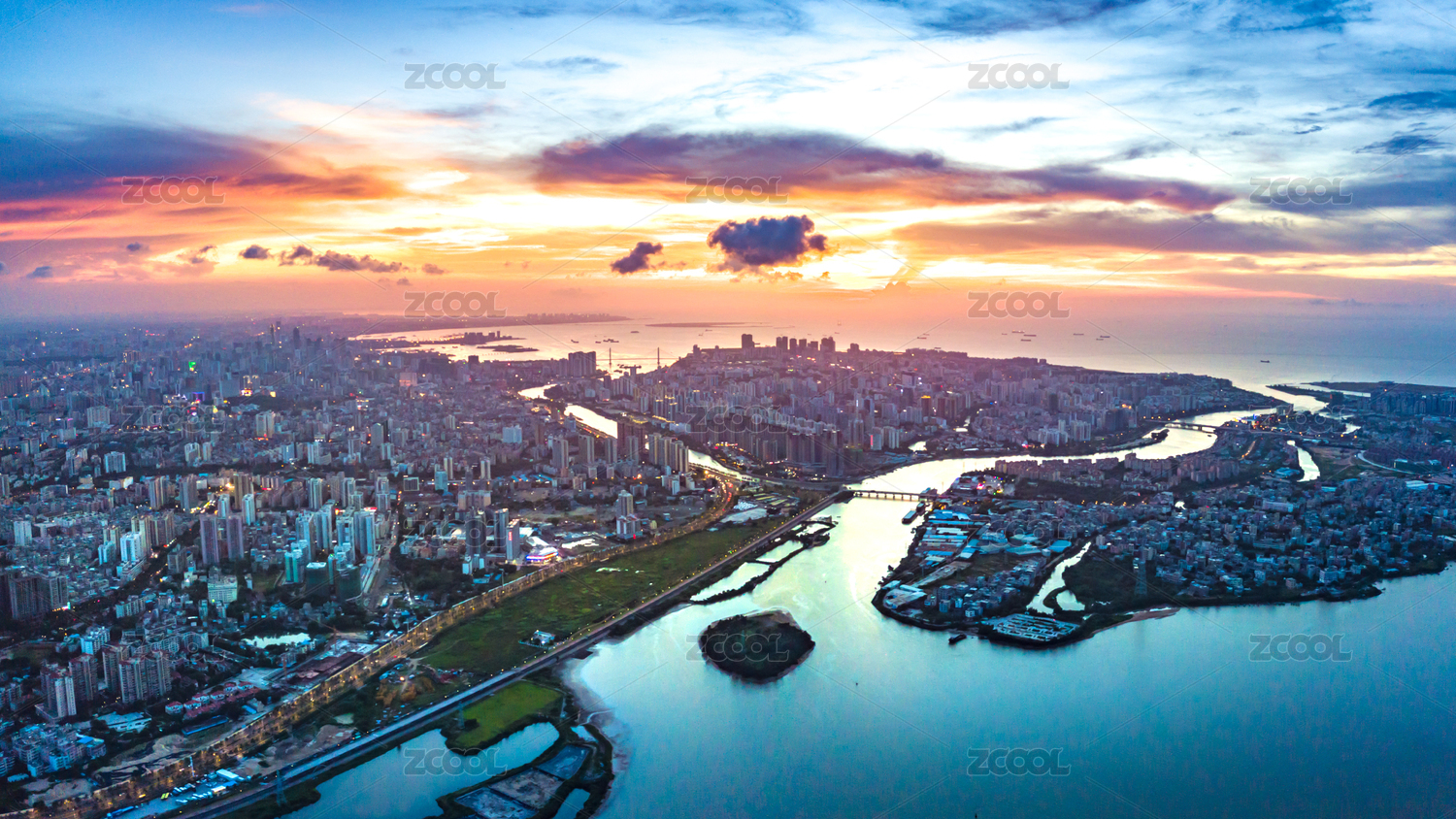 Sunset Scene above Nandu River towards Downtown Haikou City, Haidian Island and Xinbu Island, Hainan Province, China