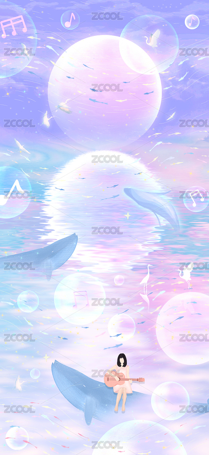 夏天少女坐在大海中的蓝鲸背上弹吉他，鱼群伴随着音乐歌声在身侧跳舞超现实插画背景海报（主预览-2781233） - 未分类 - 站酷设计师灵魂画师DJ药灵儿原创素材 - 站酷ZCOOL