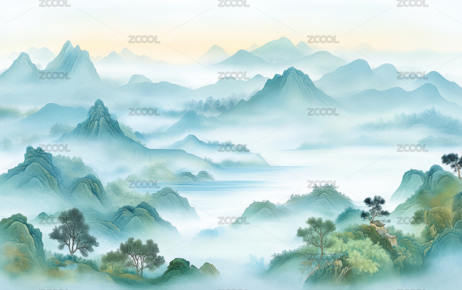 中国传统山水画风格艺术插画背景