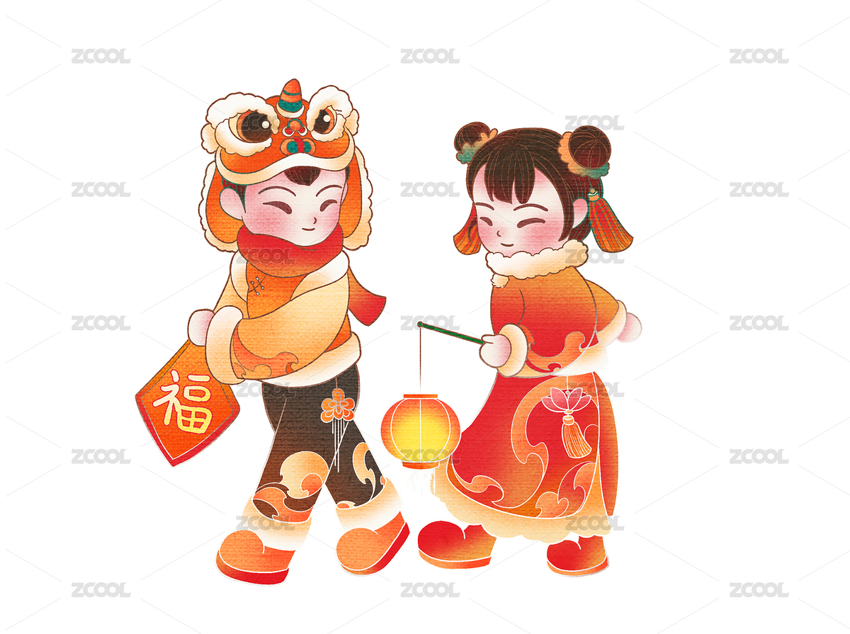 新年春节孩童拿着福字和灯笼国风插画元素（主预览-6035330） - 未分类 - 站酷设计师云汜_winskace原创素材 - 站酷ZCOOL