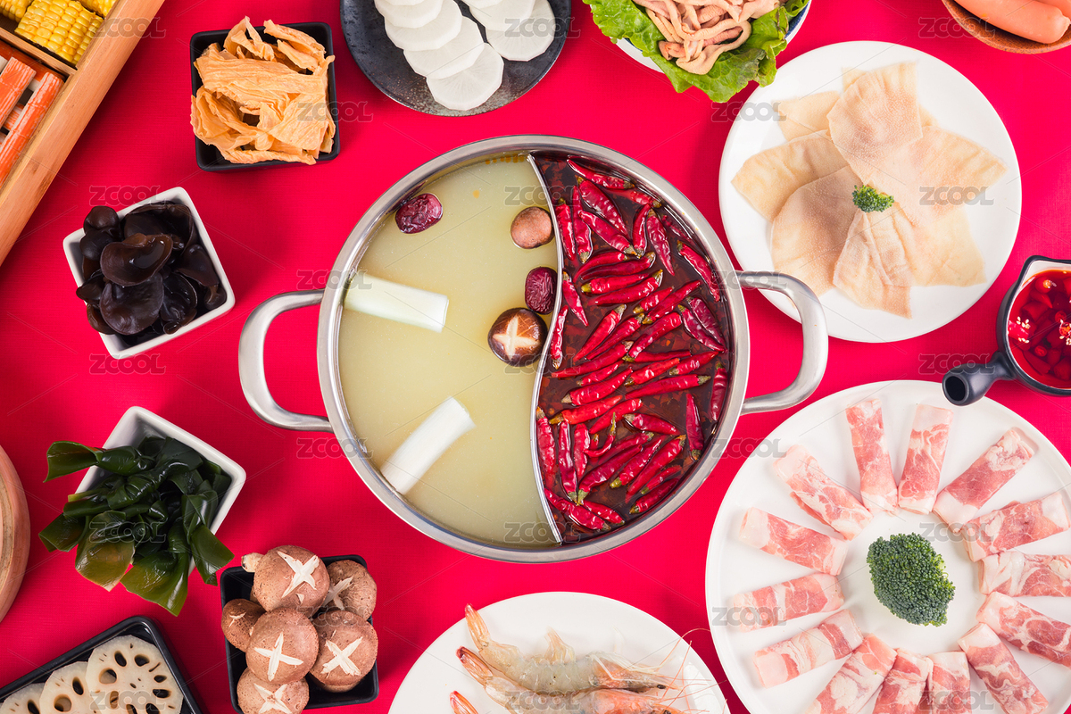 紅色背景上裝滿辣椒的鴛鴦鍋和新鮮食材俯拍（主預覽-1472790） - 未分類 - 站酷設計師丫姐原創(chuàng)素材 - 站酷ZCOOL