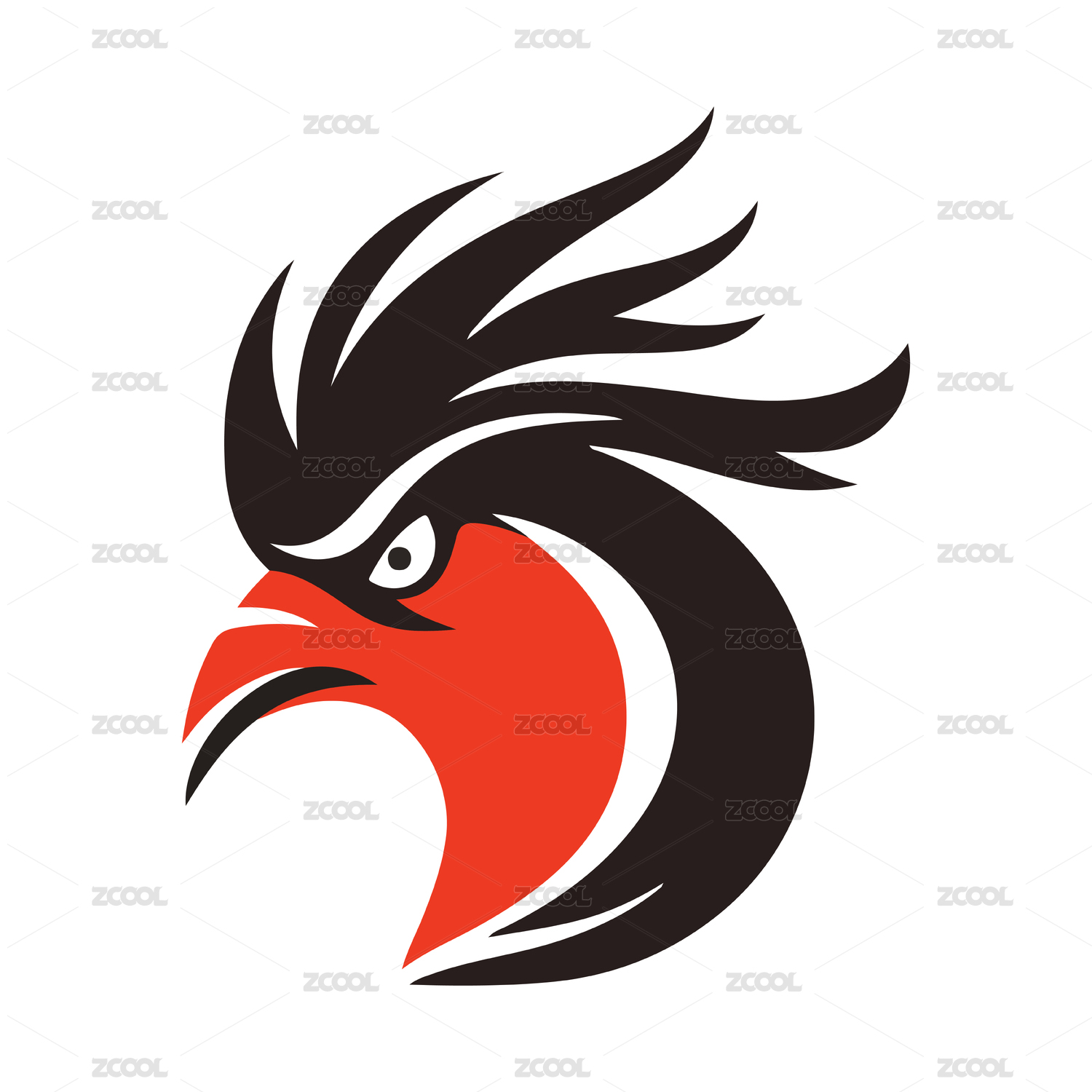 黑色和红色简约设计的公鸡头矢量logo