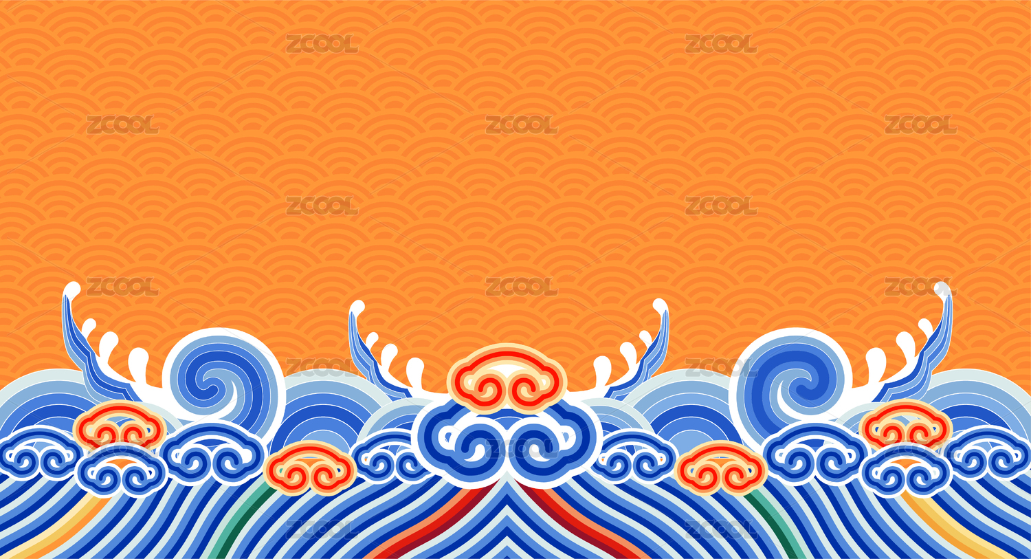 中国皇家服饰图案海水江崖波浪纹如意纹橙色