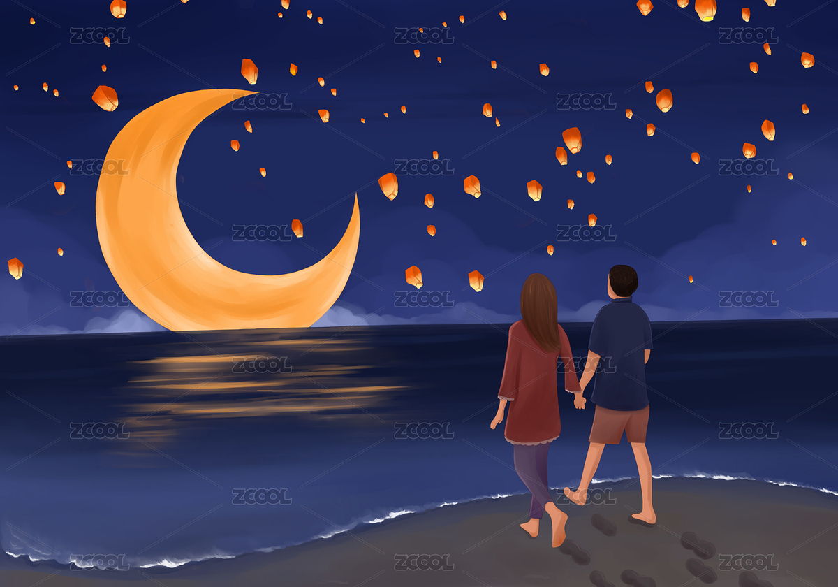 情人節(jié)七夕插畫情侶在沙灘上散步插畫（主預覽-4074263） - 未分類 - 站酷設計師猴子石原創(chuàng)素材 - 站酷ZCOOL