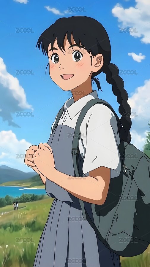 宮崎駿日漫人物女孩黑色長發(fā)編辮子學生背包（主預覽-7044662） - 未分類 - 站酷設(shè)計師DEX2011原創(chuàng)素材 - 站酷ZCOOL