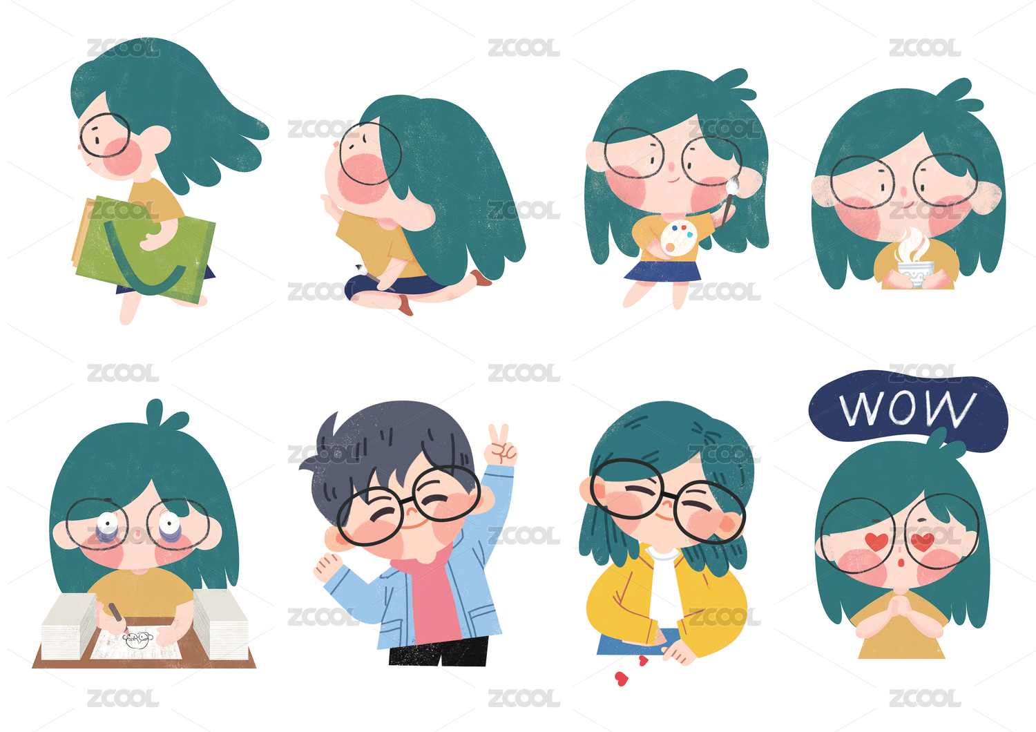 绿头发的小女孩儿在努力的画画,还有插画师男朋友