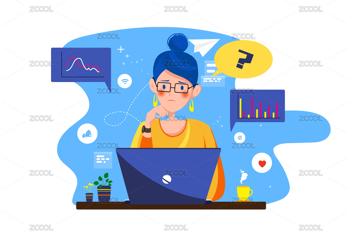 在电脑前充满疑问皱眉苦思的人 皱眉工作的人矢量插画（主预览-1580156） - 未分类 - 站酷设计师早苏oliver原创素材 - 站酷ZCOOL