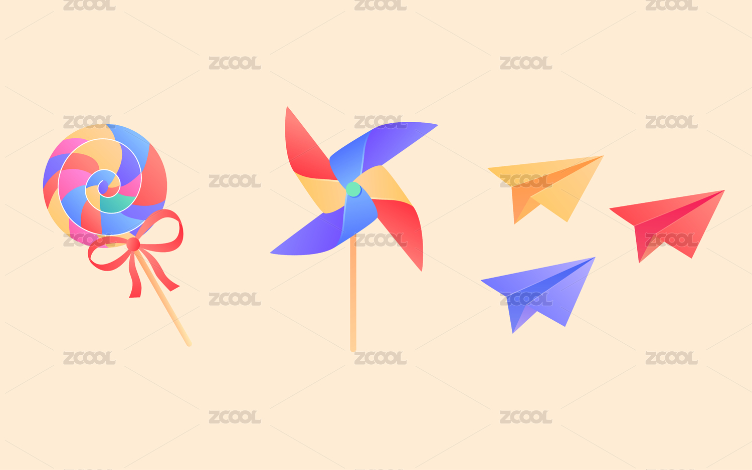 卡通夏天夏令营幼儿园儿童童年玩具矢量插画