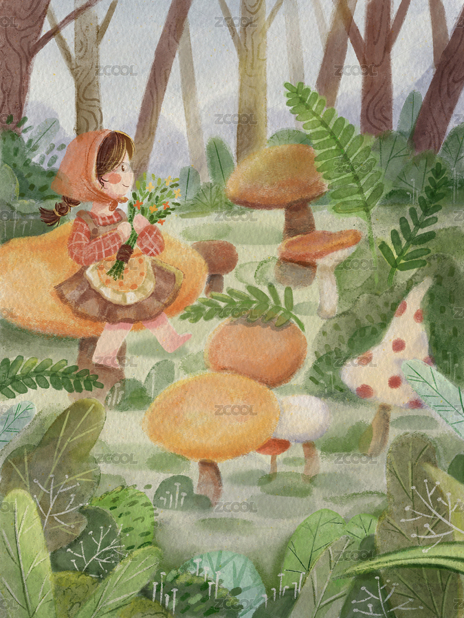 手繪水彩采蘑菇的小姑娘森林場景插畫（主預(yù)覽-7709189） - 未分類 - 站酷設(shè)計(jì)師憇憇原創(chuàng)素材 - 站酷ZCOOL