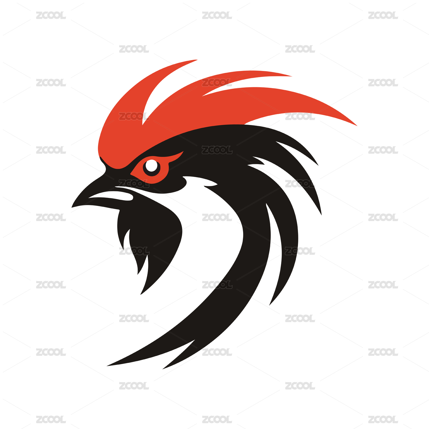 黑色和红色简约设计的公鸡头矢量logo