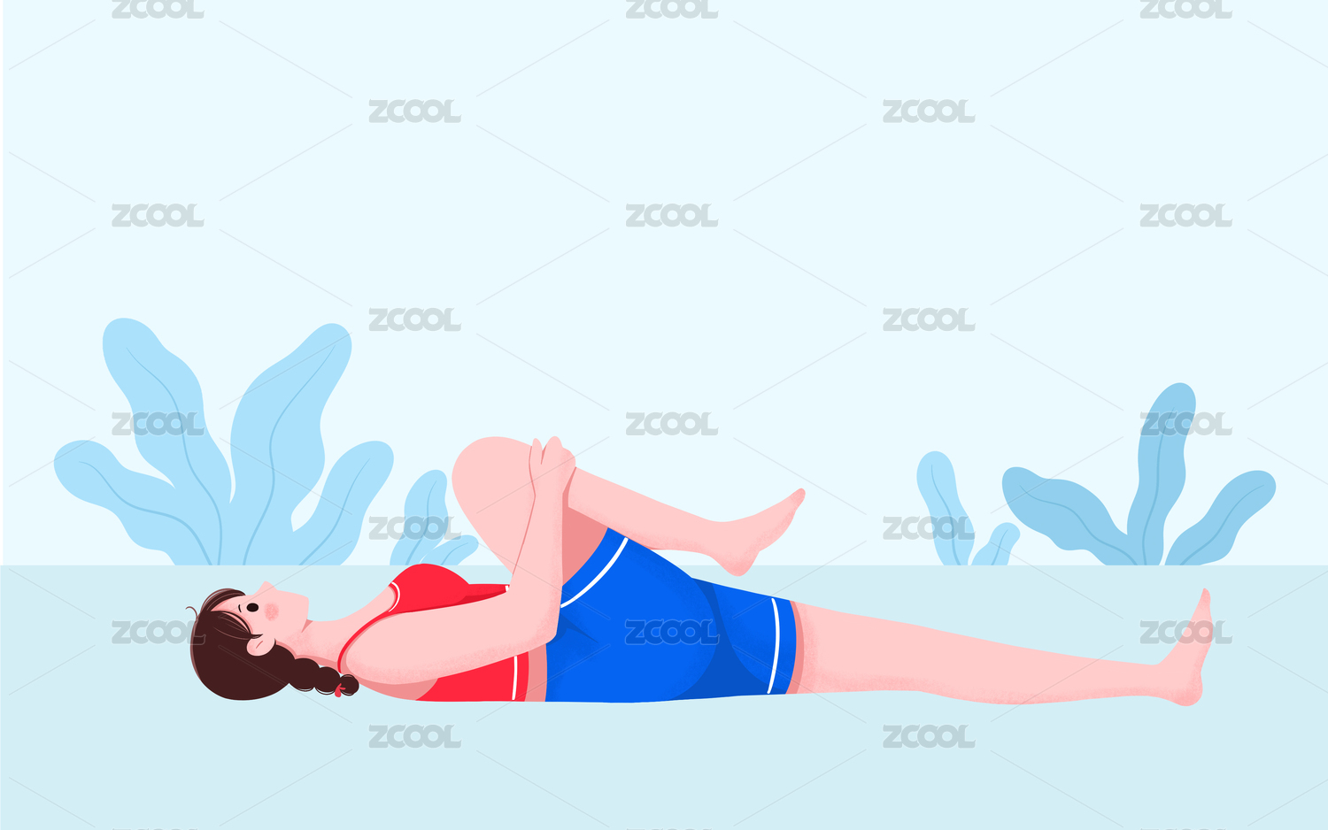 扁平插画时尚青年女人在躺着锻炼拉伸