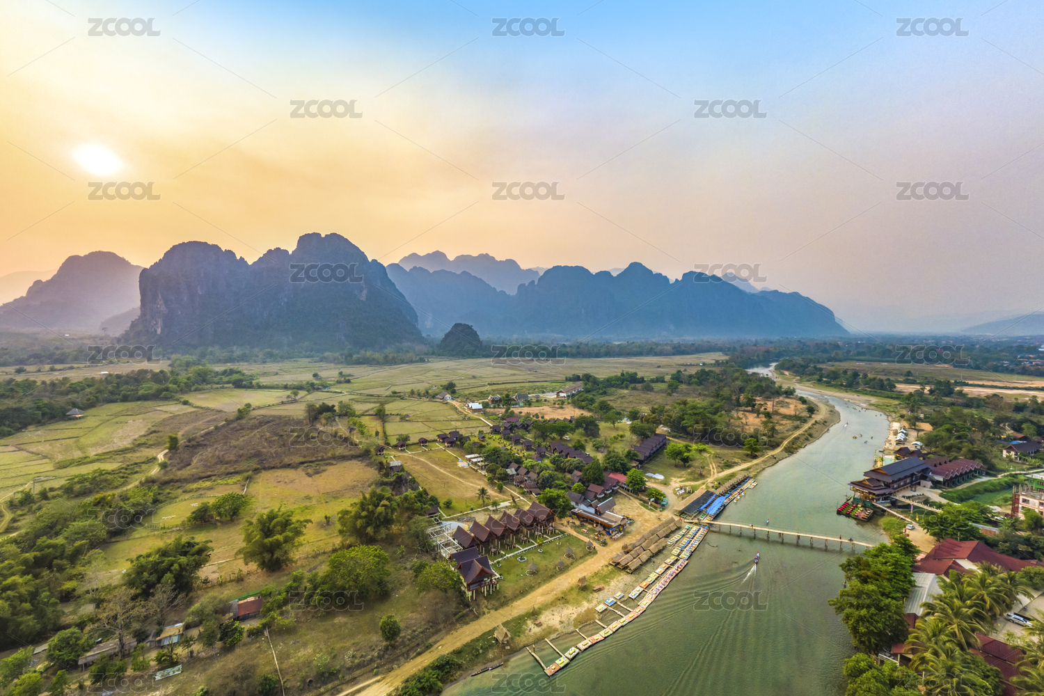 Townscape, Mountain View and River Scenery in Vang Vieng, Laos, Southeast Asia