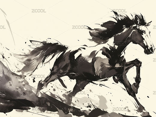 奔腾的马黑白水墨画国画工笔画