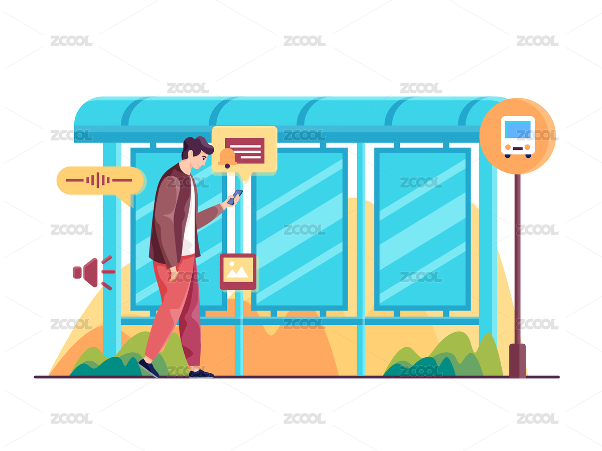 男子站在公交站台前看手机矢量插画（主预览-5039523） - 未分类 - 站酷设计师SA九五二七原创素材 - 站酷ZCOOL