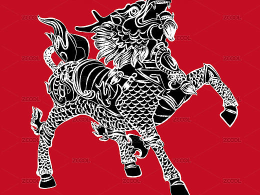 传统古典手绘麒麟神兽矢量白描中国画