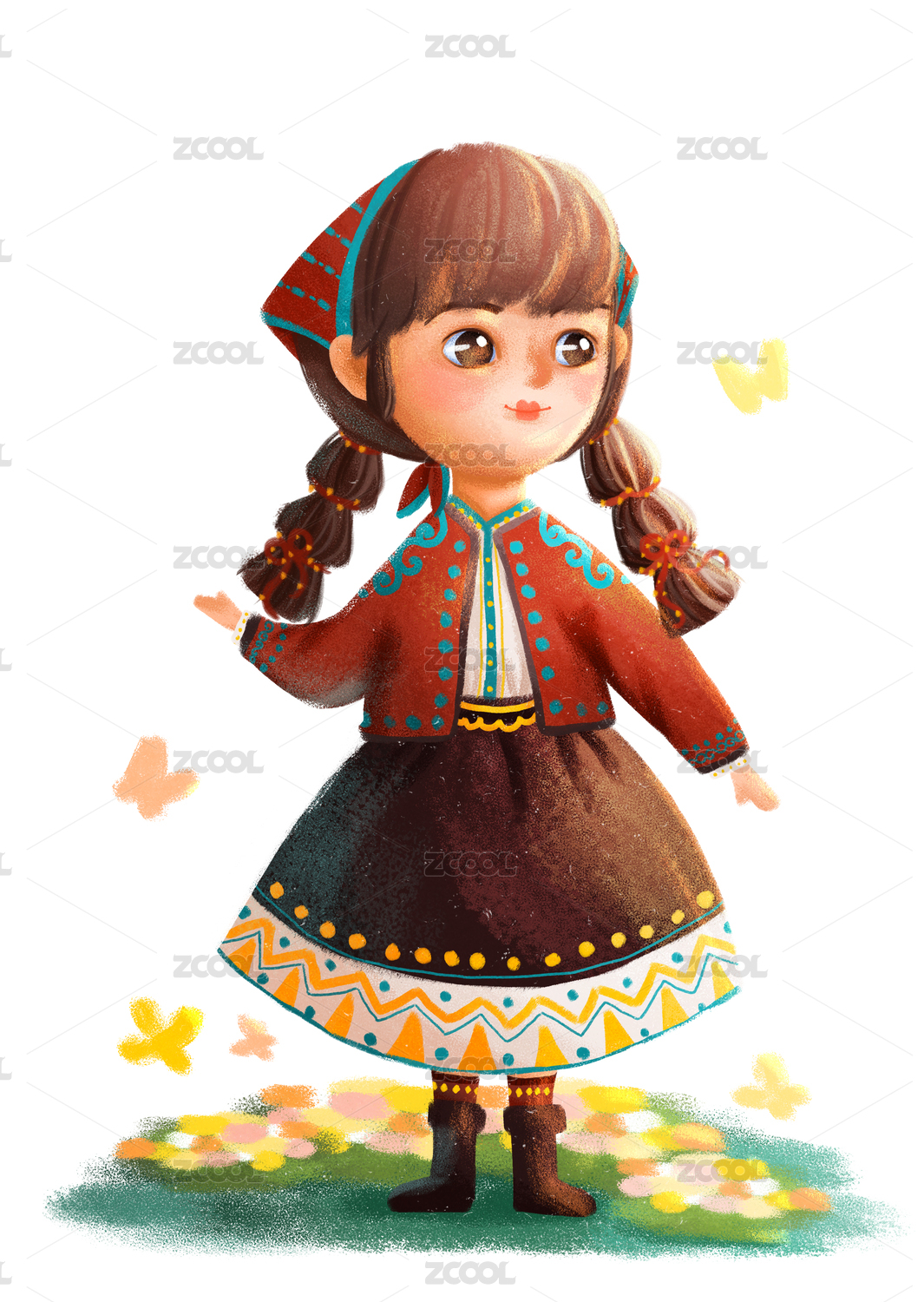 北欧服饰扎麻花辫的小女孩儿