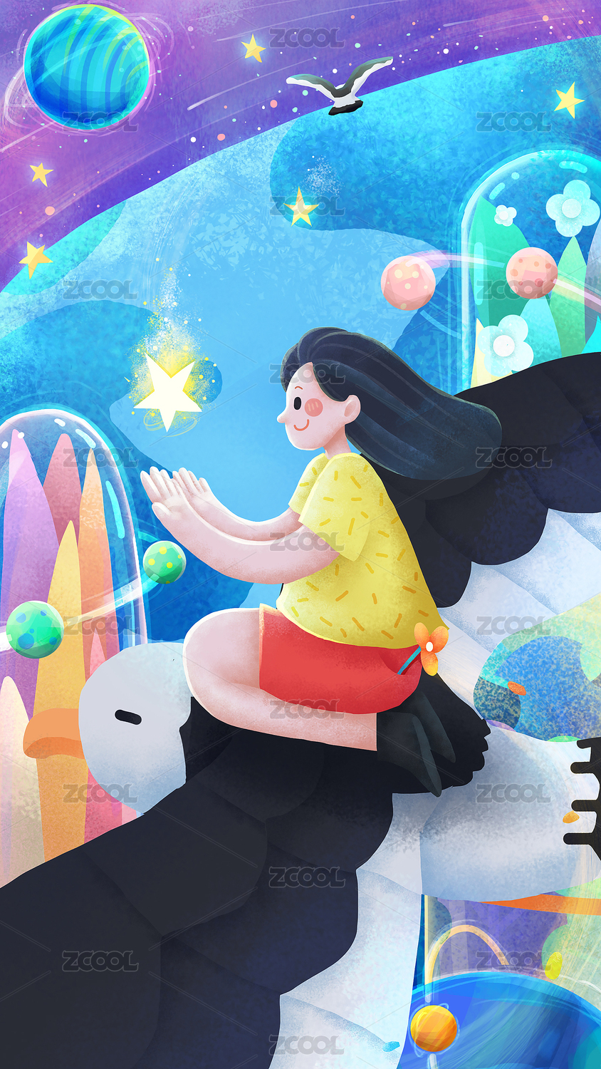锁屏壁纸闪屏插画少女星星