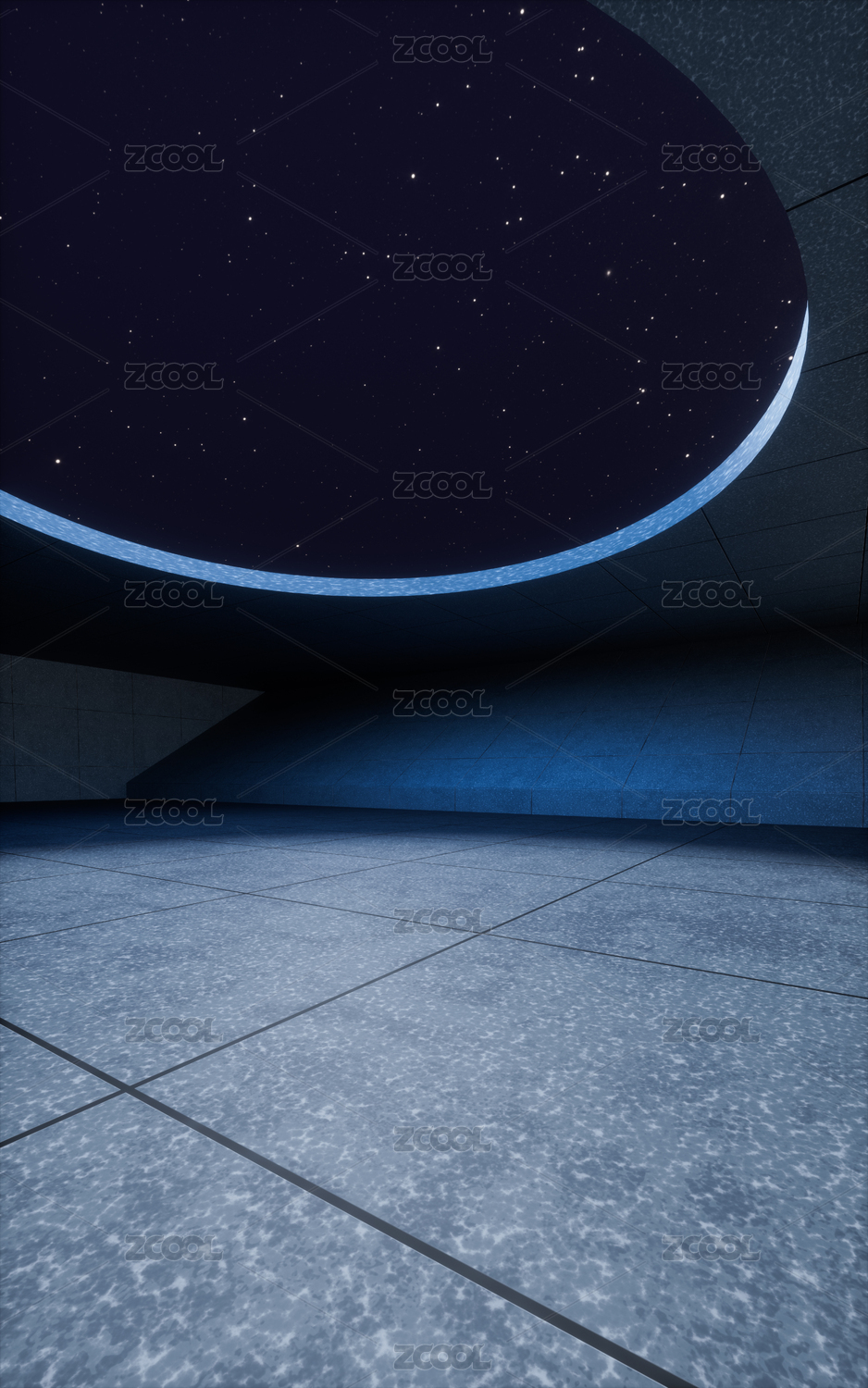 夜晚的混凝土建筑室内空间3D渲染