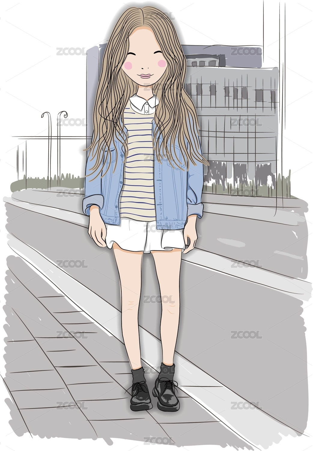 手绘beautiful young woman，fashion girl， Fashion model posing. Sketch. Vector illustration.