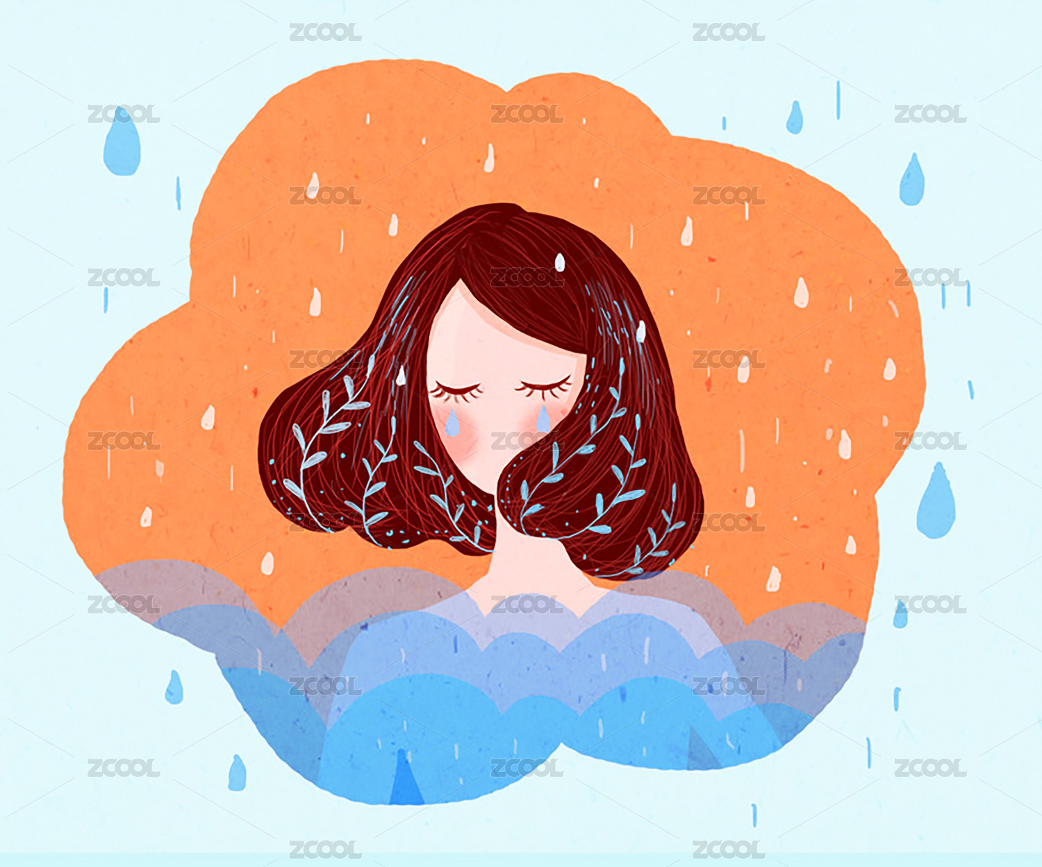 卡通扁平的哀伤的流泪的女孩