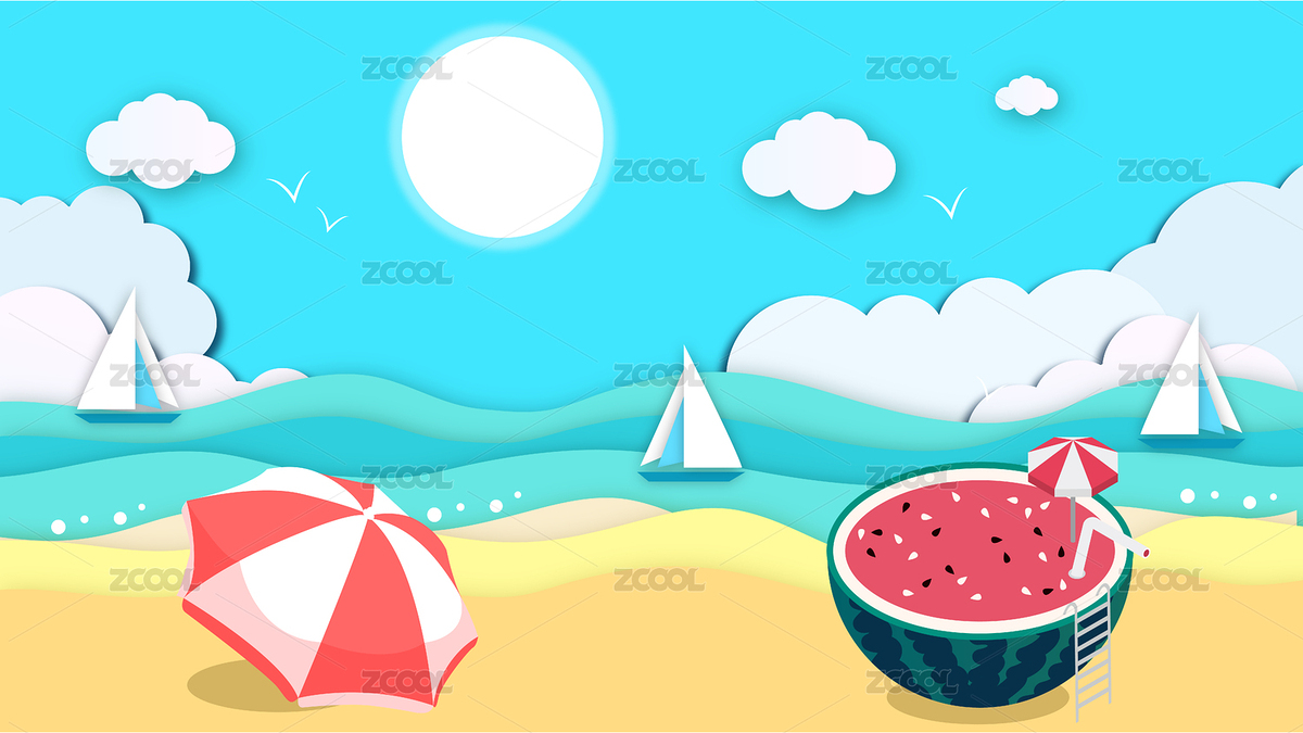 夏天的沙滩上有西瓜和遮阳伞大海里有帆船（主预览-8917326） - 未分类 - 站酷设计师Lx三白原创素材 - 站酷ZCOOL