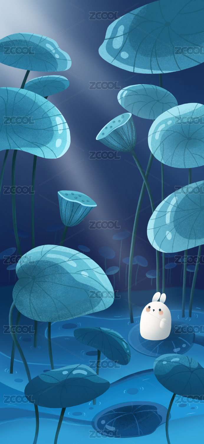 兔子在池塘中的荷叶上仰望夜空