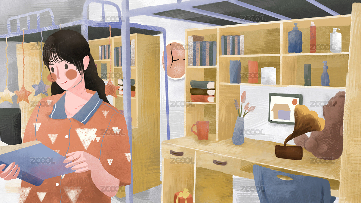一個(gè)長發(fā)女生在學(xué)校宿舍看書原創(chuàng)肌理插畫（主預(yù)覽-595051） - 未分類 - 站酷設(shè)計(jì)師無效0222原創(chuàng)素材 - 站酷ZCOOL