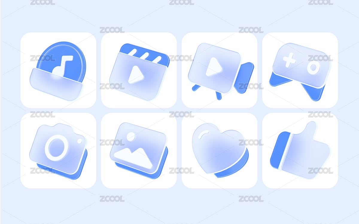 蓝白色透明磨砂玻璃娱乐3D图标合集（主预览-2292764） - 未分类 - 站酷设计师在_野原创素材 - 站酷ZCOOL