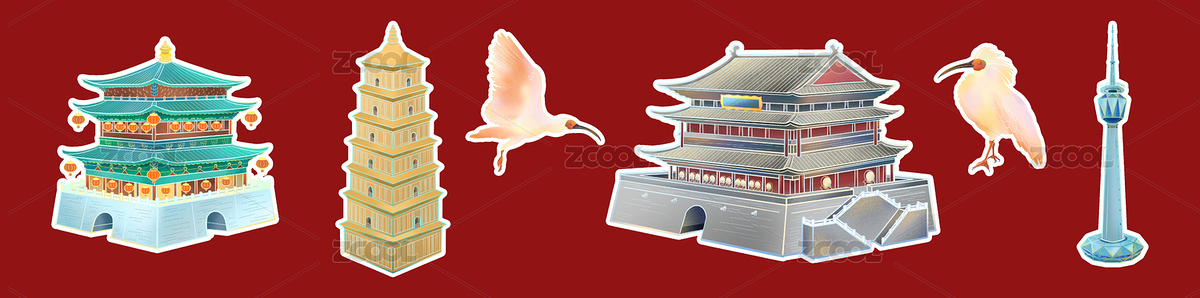 中国陕西西安地标建筑国潮风格插画设计素材（主预览-4003085） - 未分类 - 站酷设计师可颂_Croissant原创素材 - 站酷ZCOOL