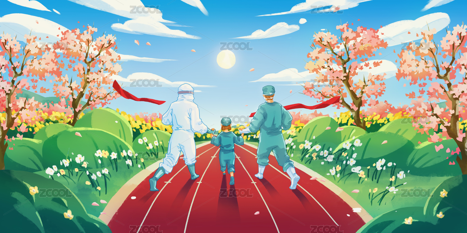 春天的阳光下医生护士带着病人赛跑