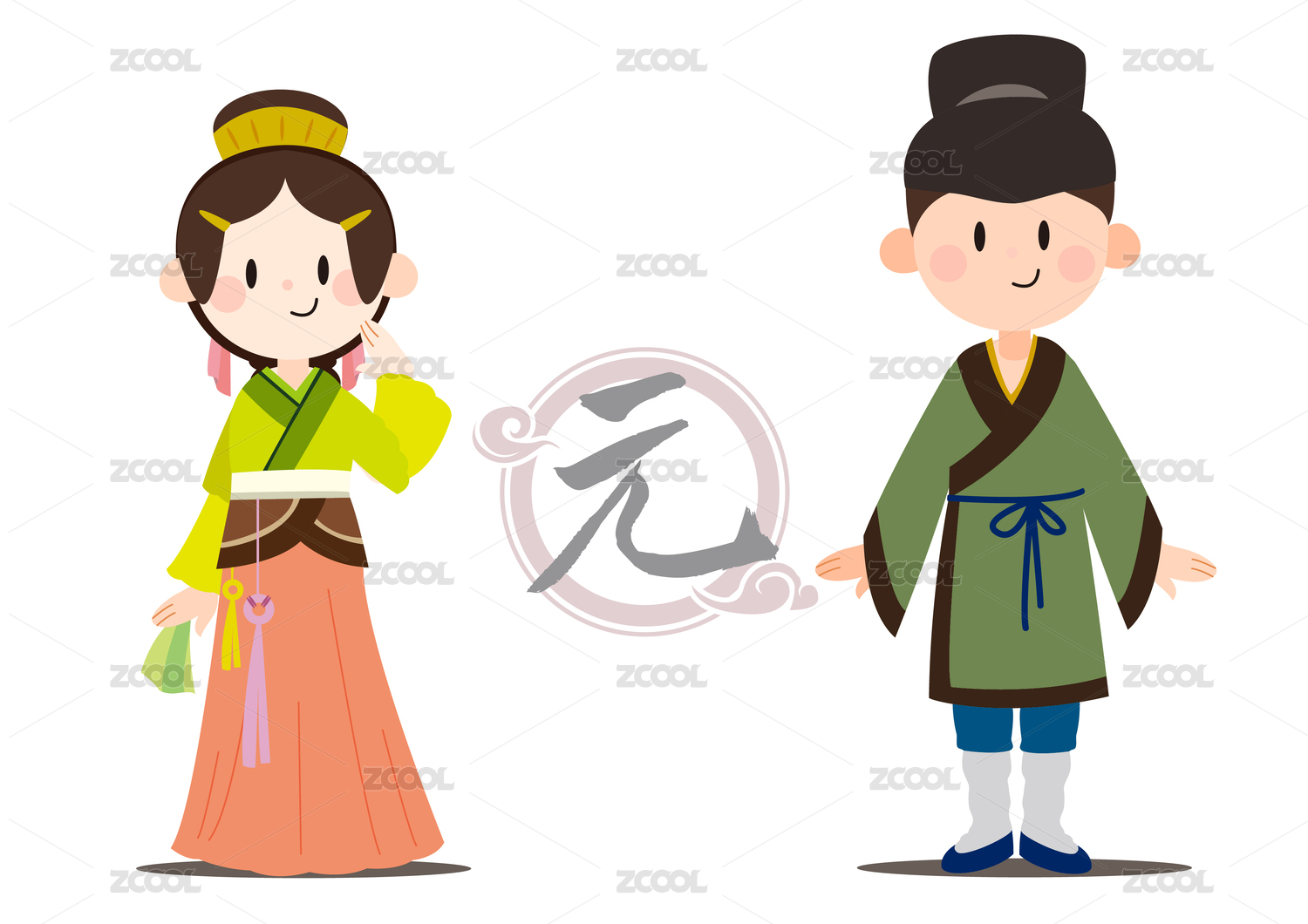 中国历代服装发饰发展图矢量图可爱卡通元代