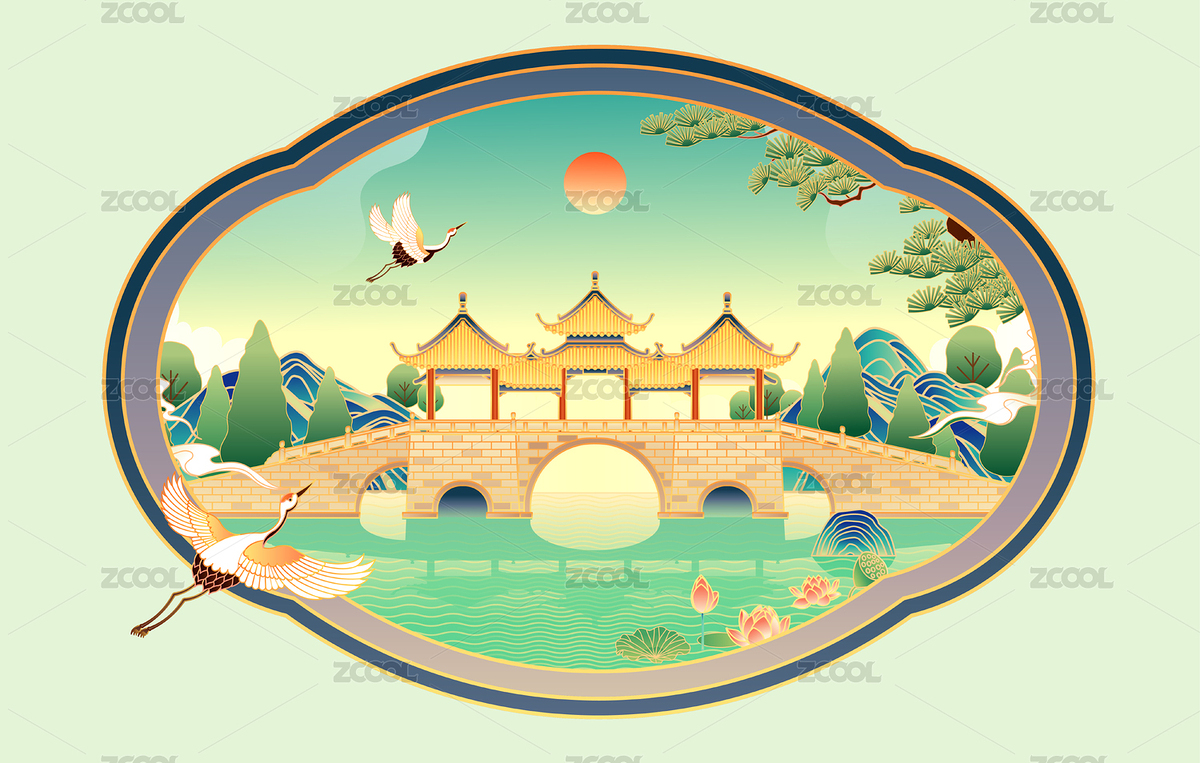 江苏扬州瘦西湖五亭桥风景矢量插画（主预览-9007192） - 未分类 - 站酷设计师晚风在画画原创素材 - 站酷ZCOOL