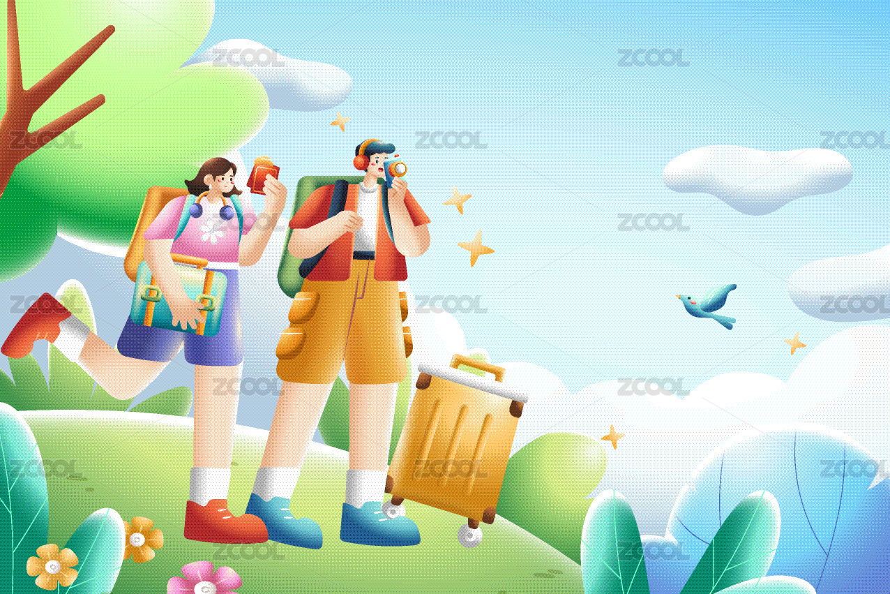 三维情侣出游矢量插画